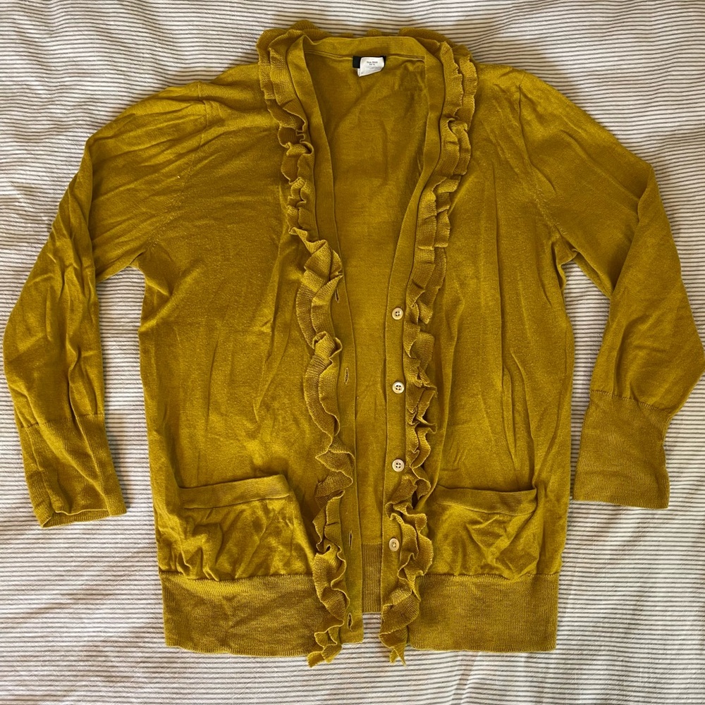 J. Crew Mustard Ruffled 3/4 Sleeve Cardigan